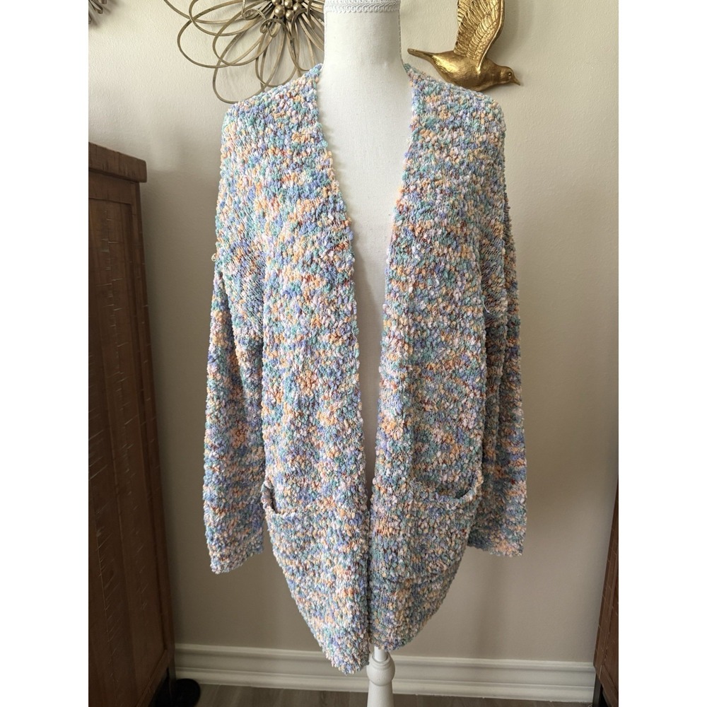 Jessica Simpson Popcorn Knit Cardigan Sweater Medium Pastel Open Front Pockets‎